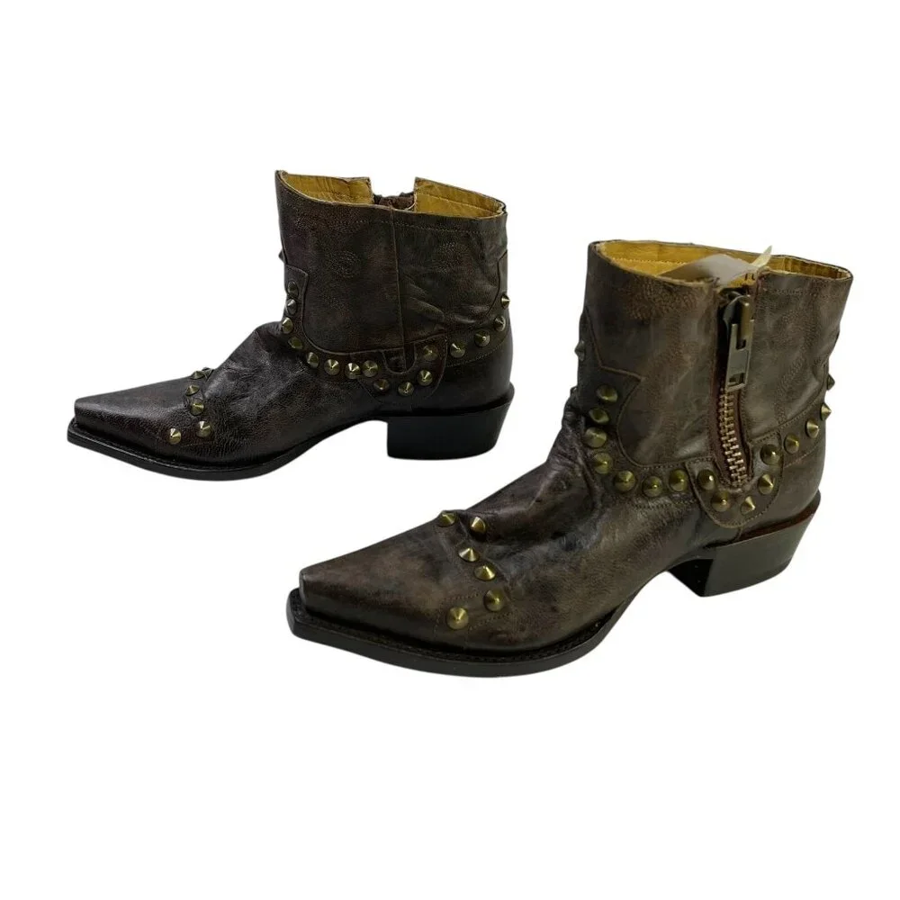 Stetson Shelby Western Ankle Brown Leather Studs Booties Boots Wms Size 6.5 NWT - Picture 1 of 8